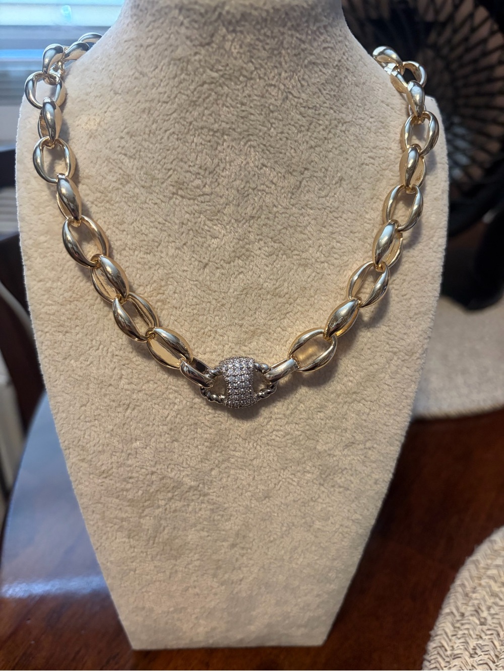 Gold-Tone Chunky Link Necklace with Pave Clasp